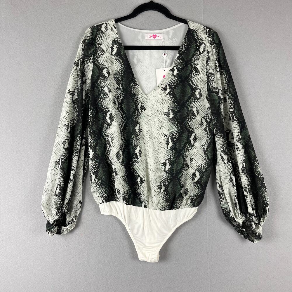 Buddy Love Jackie Snake Print Bodysuit Womens Small Gray Balloon Long Sleeve NWT